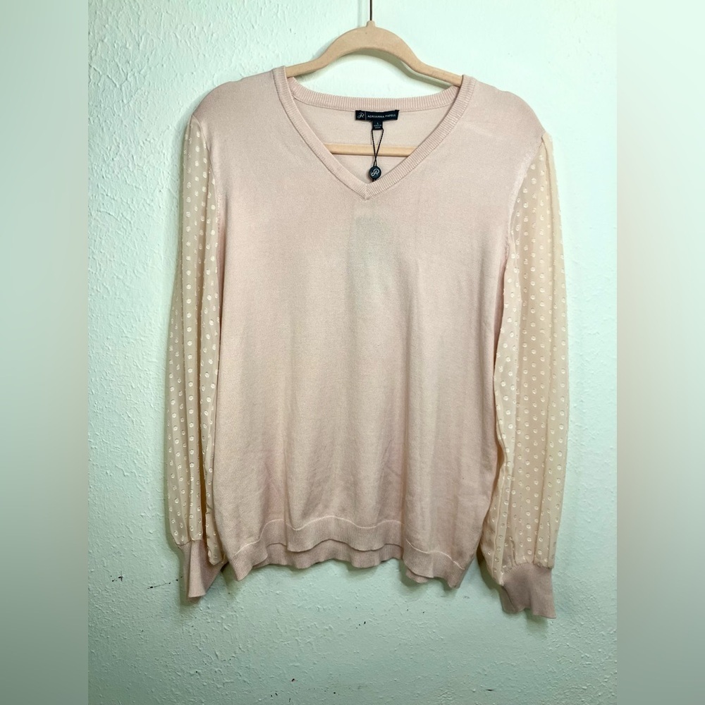 Adrianna Papell Clip Dot Chiffon V Neck Long Sleeve Sweater Size L